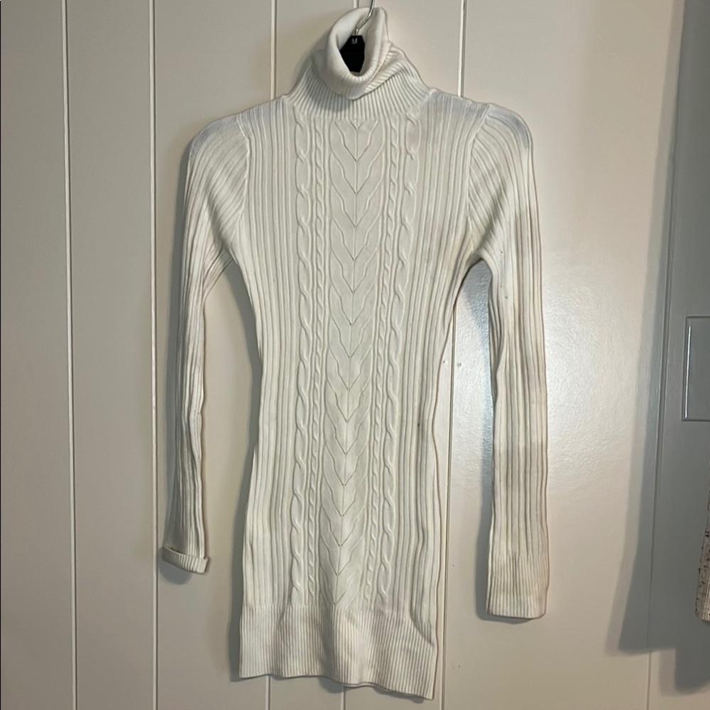 WOW Couture off White Cowl Turtleneck Sweater with Cable Knit